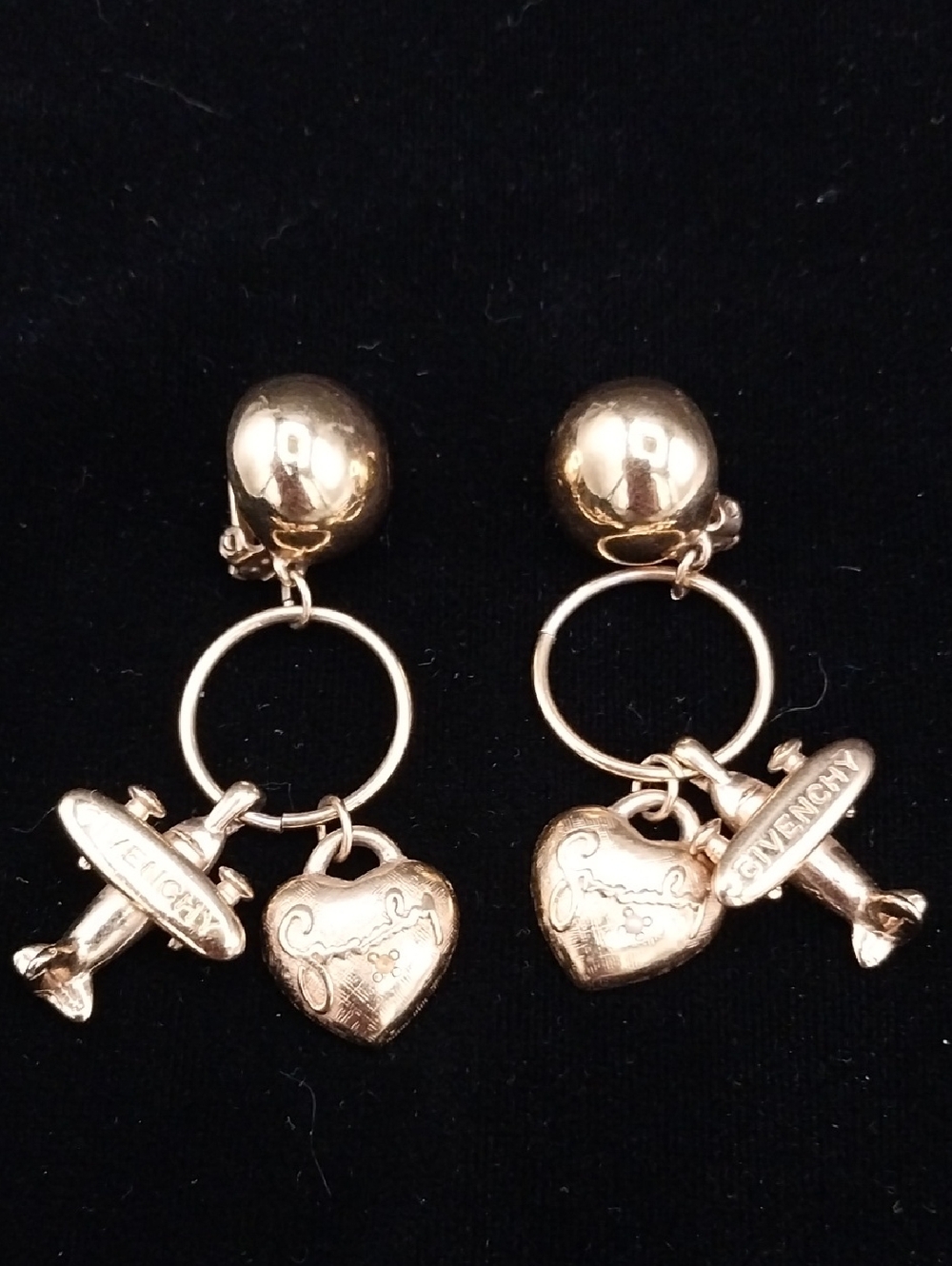 Vintage Givenchy Couture Runway Airplane & Heart Charm Clip-On Earrings